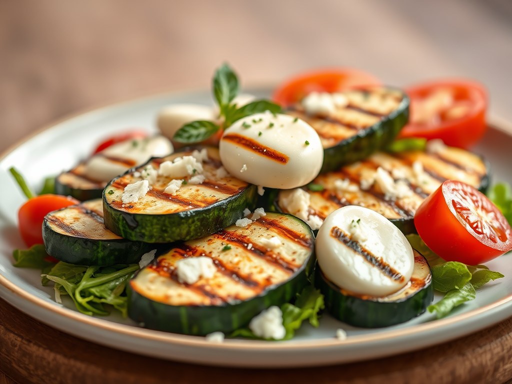 Gegrilde courgette met een salade van mozzarella,, AI-gegenereerde illustratie