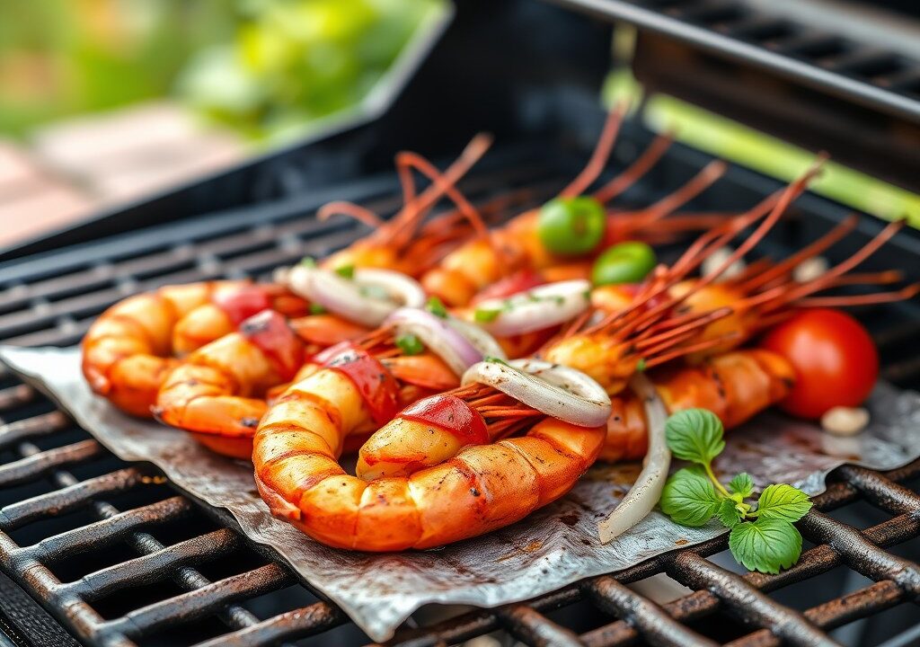 Gegrilde gamba’s met lente-ui, tomaat en ….., AI-gegenereerde illustratie