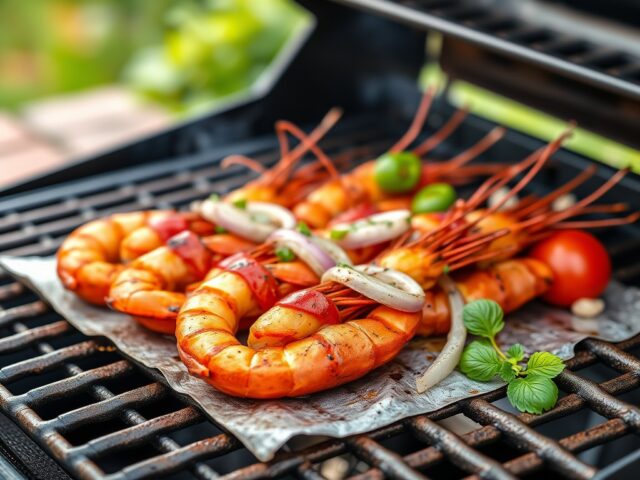 Gegrilde gamba’s met lente-ui, tomaat en ….. — AI-gegenereerde illustratie