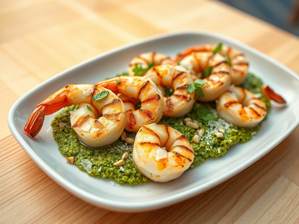 Gegrilde garnalen met pesto van notensla, AI-gegenereerde illustratie