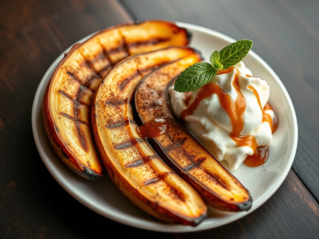 Gegrilde geflambeerde Bananen met Roomijs, AI-gegenereerde illustratie