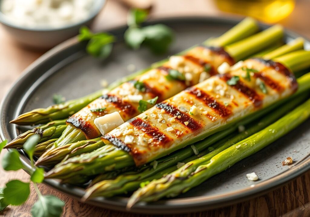 Gegrilde groene asperges met rucola, AI-gegenereerde illustratie