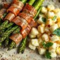 Gegrilde groene asperges met serranoham en roomaardappelen