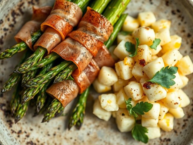 Gegrilde groene asperges met serranoham en roomaardappelen