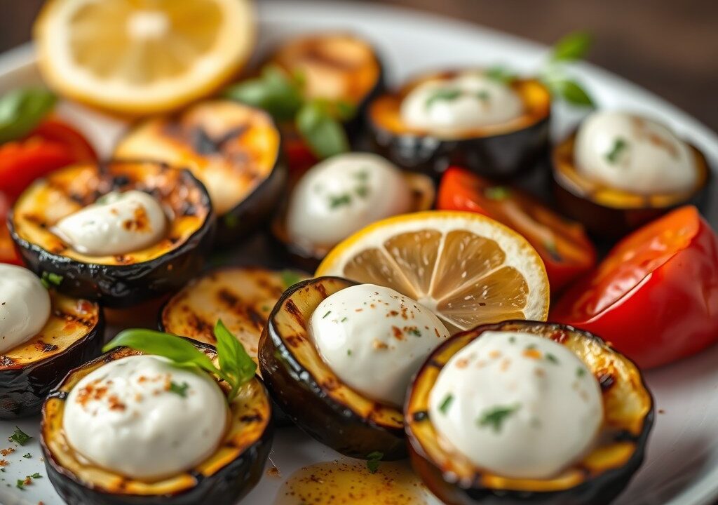 Gegrilde groenten met mozzarella, AI-gegenereerde illustratie