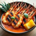 Gegrilde grote garnalen en gegrilde ananas met een Thaise rode curry