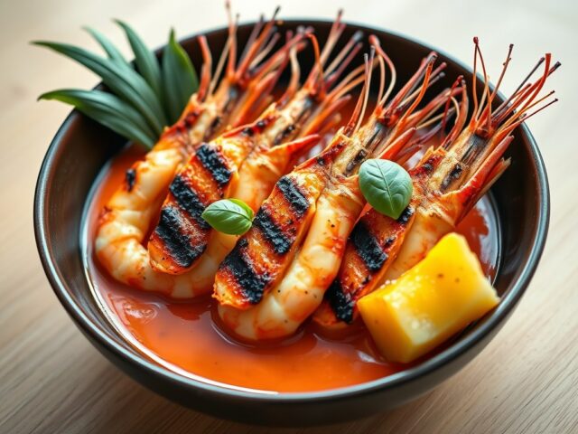 Gegrilde grote garnalen en gegrilde ananas met een Thaise rode curry
