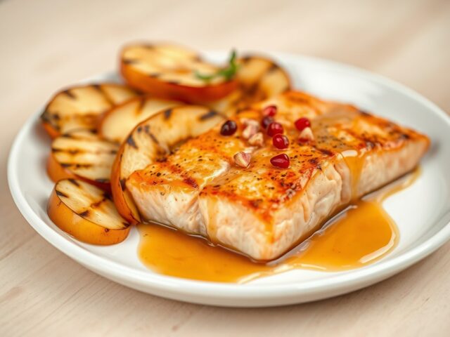 Gegrilde honing-appeltjes met zalmfilet en roze peperbolletjes