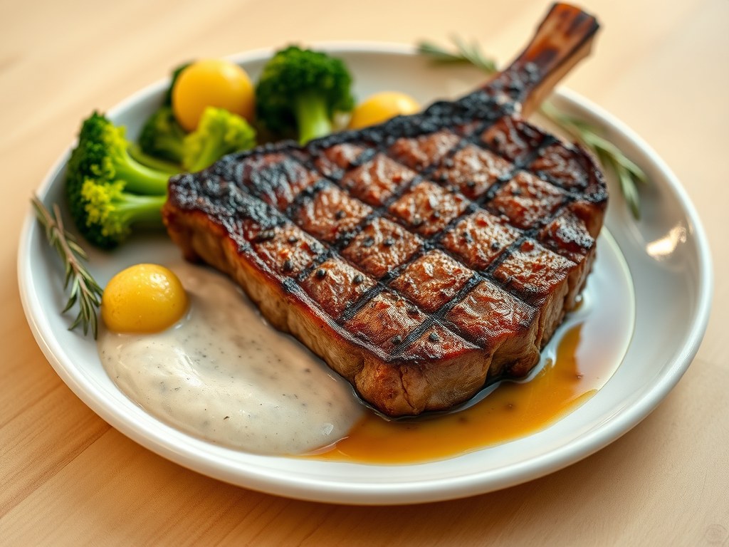 Gegrilde kalfsentrecote met peper-roomsaus, AI-gegenereerde illustratie
