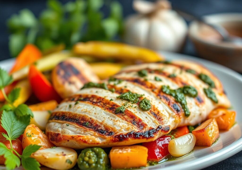 Gegrilde kip in pesto met geroosterde groenten, AI-gegenereerde illustratie