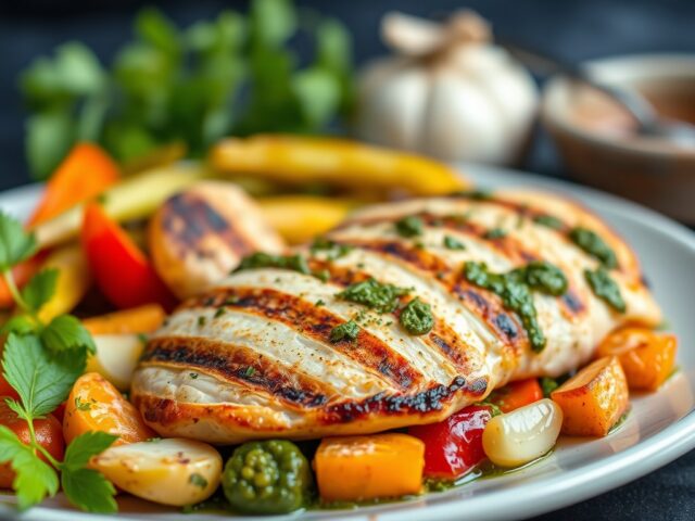 Gegrilde kip in pesto met geroosterde groenten — AI-gegenereerde illustratie