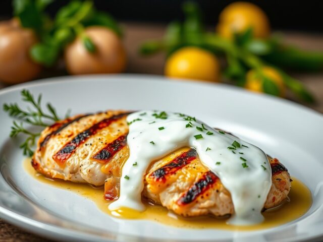 Gegrilde kipfilet met kokossaus en kruidige yoghurt — AI-gegenereerde illustratie