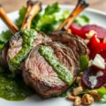 Gegrilde lamsboutsneden met muntpesto en kleurig slaatje