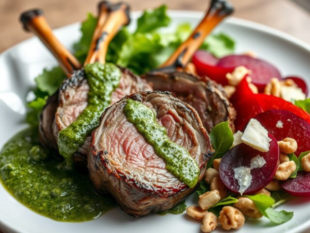 Gegrilde lamsboutsneden met muntpesto en kleurig slaatje
