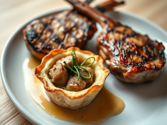 Gegrilde lamskoteltten met een taartje van lamszwe