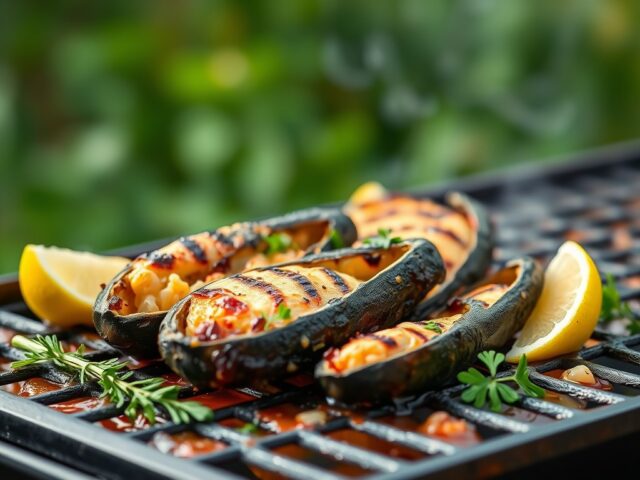 Gegrilde oesters in boterige barbecuesaus — AI-gegenereerde illustratie
