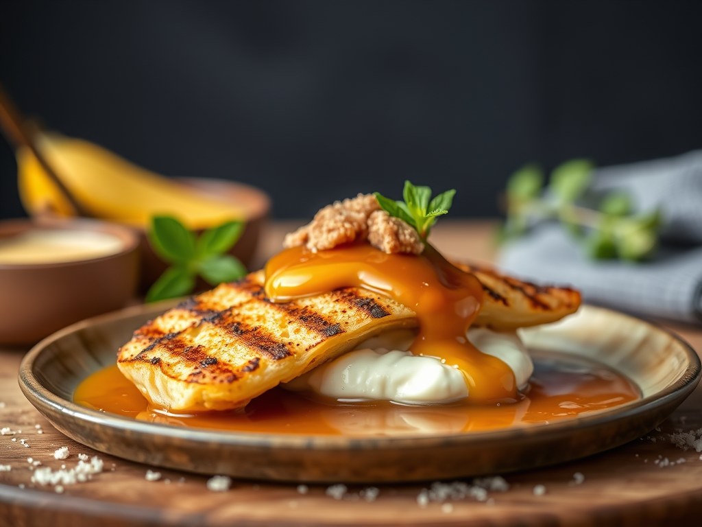 Gegrilde perzik met karamelsaus, AI-gegenereerde illustratie