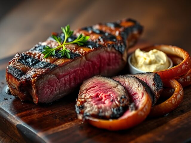 Gegrilde ribeye met rode uien