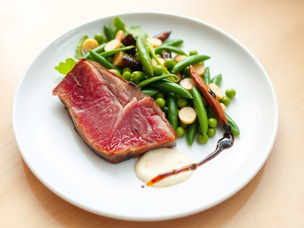 Gegrilde tonijn met een salade van groene groenten, AI-gegenereerde illustratie