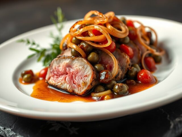 Gegrilde tonijn met zoetzure uien en confituur van kappertjes
