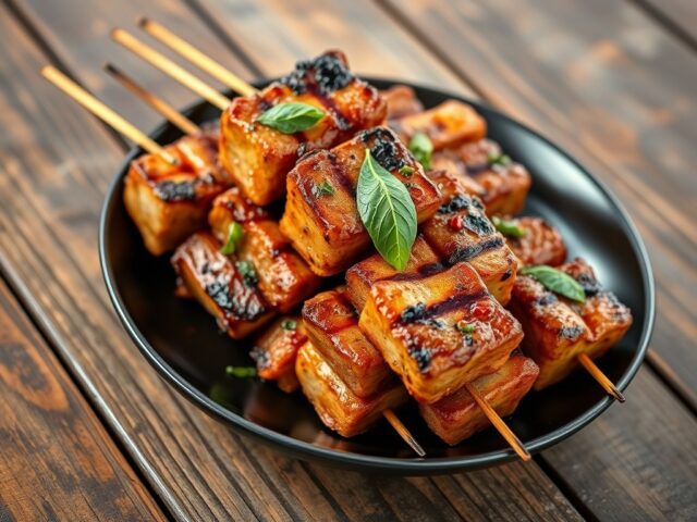 Gegrilde varkens sate met Thaise basilicum marinade