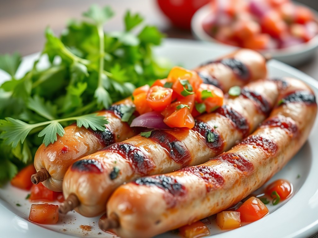 Gegrilde worstjes met pittige tomatensalsa, AI-gegenereerde illustratie
