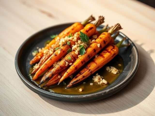 Gegrilde worteltjes met ui-crumble en sinaasvinaigrette