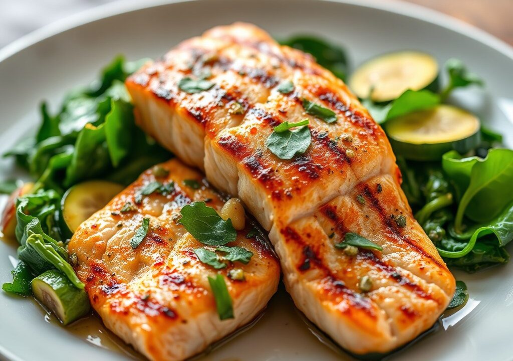 Gegrilde zalm met courgette en spinazie, AI-gegenereerde illustratie