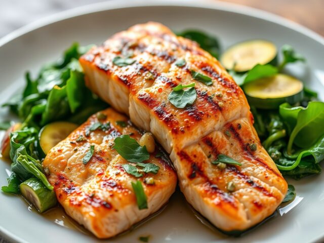 Gegrilde zalm met courgette en spinazie — AI-gegenereerde illustratie