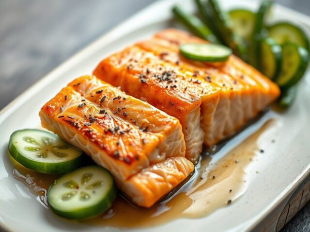 Gegrilde zalm met gemarineerde komkommer