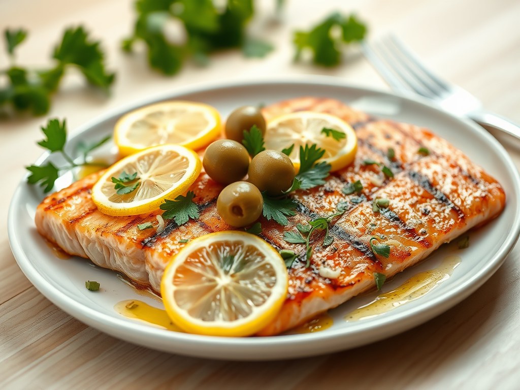 Gegrilde zalm met ingelegde citroen, AI-gegenereerde illustratie