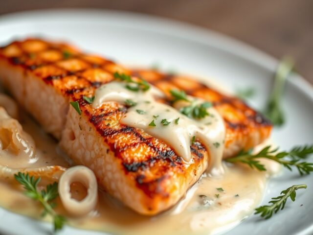 Gegrilde zalm met witte wijnsaus