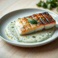 Gegrilde zeebaars met basilicumroomsaus