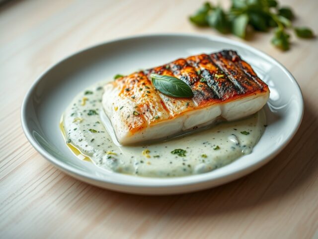 Gegrilde zeebaars met basilicumroomsaus