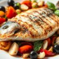 Gegrilde zeebaars op een mediterrane salade