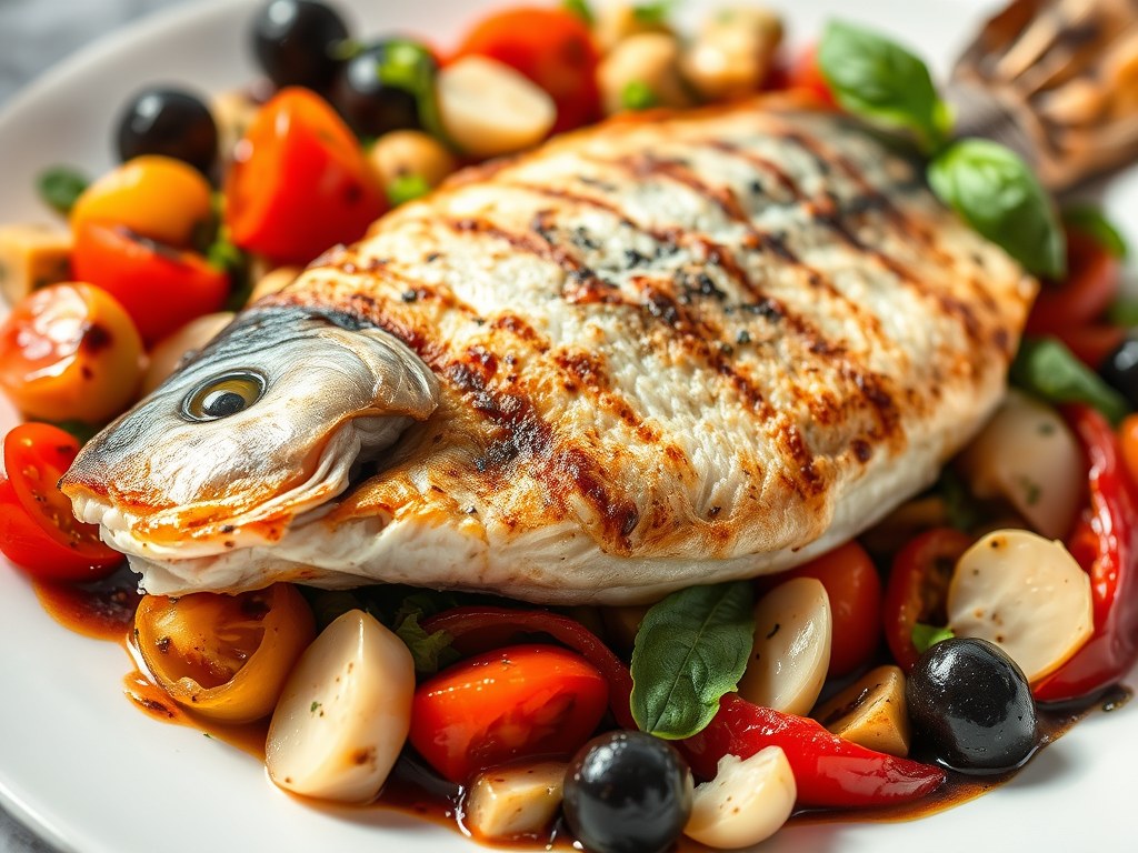 Gegrilde zeebaars op een mediterrane salade, AI-gegenereerde illustratie