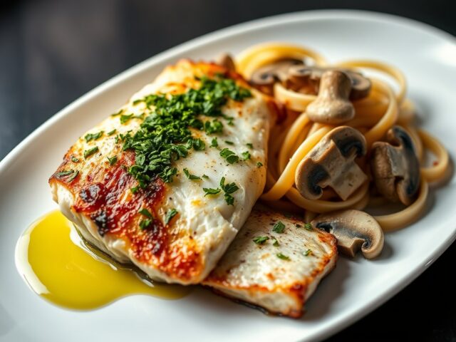 Gegrilde zeeduivelfilet met persillade en champignonpasta