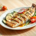 Gegrilde zeewolf met courgette en kerstomaat in een vinaigrette van bonenkruid