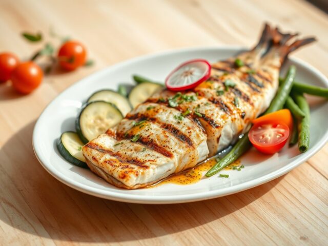 Gegrilde zeewolf met courgette en kerstomaat in een vinaigrette van bonenkruid