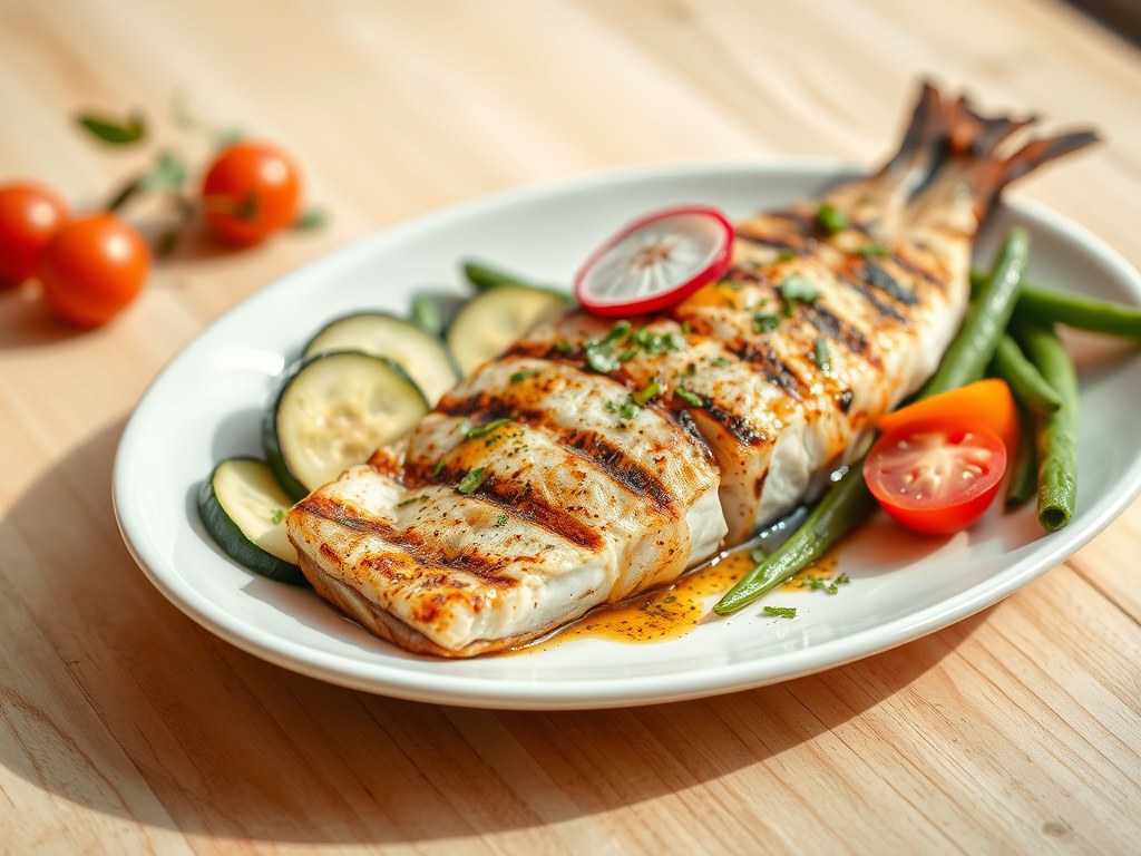 Gegrilde zeewolf met courgette en kerstomaat in een vinaigrette van bonenkruid, AI-gegenereerde illustratie