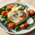 Gegrilde zeewolf met spinaziescheuten, tomaat en vanille met pistache-olie en mozzarella