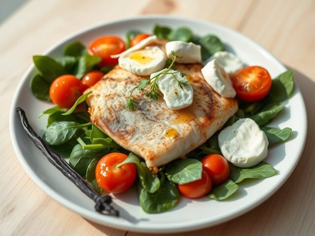 Gegrilde zeewolf met spinaziescheuten, tomaat en vanille met pistache-olie en mozzarella