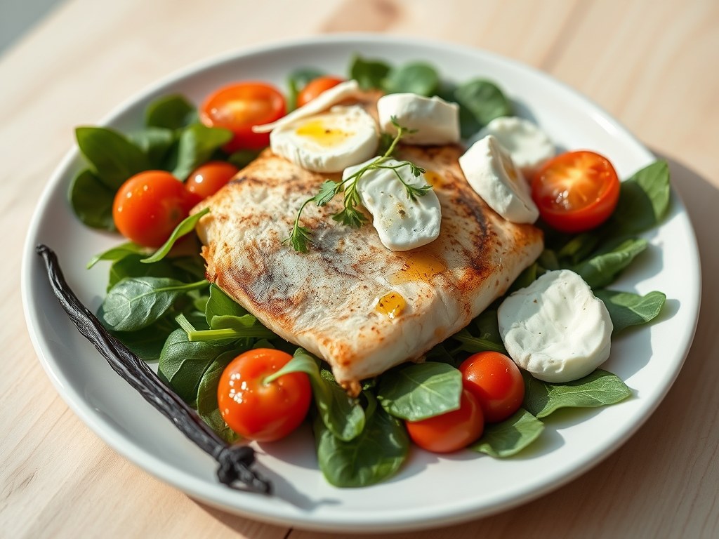 Gegrilde zeewolf met spinaziescheuten, tomaat en vanille met pistache-olie en mozzarella, AI-gegenereerde illustratie