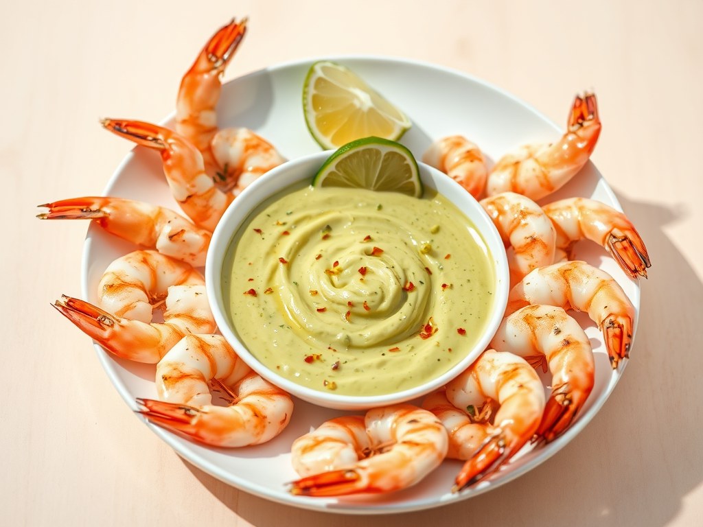 Gegrillde Garnalen met Limoen-Avocado Dip, AI-gegenereerde illustratie