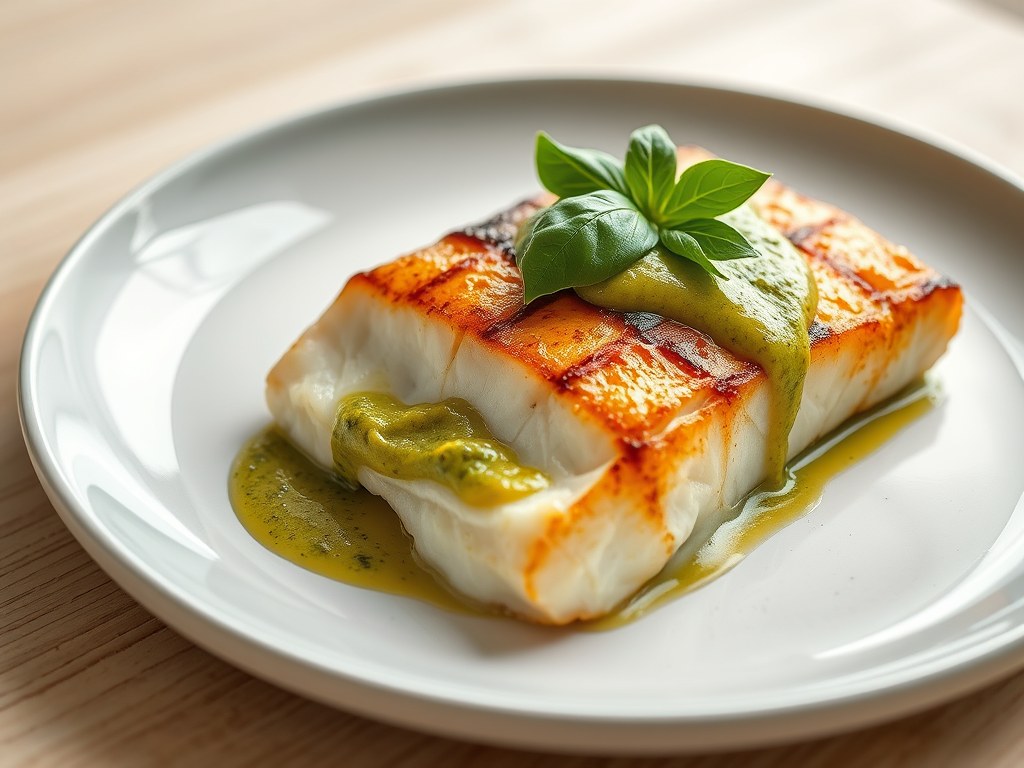 Gegrillde Heilbot met Pistou en Walnootboter, AI-gegenereerde illustratie