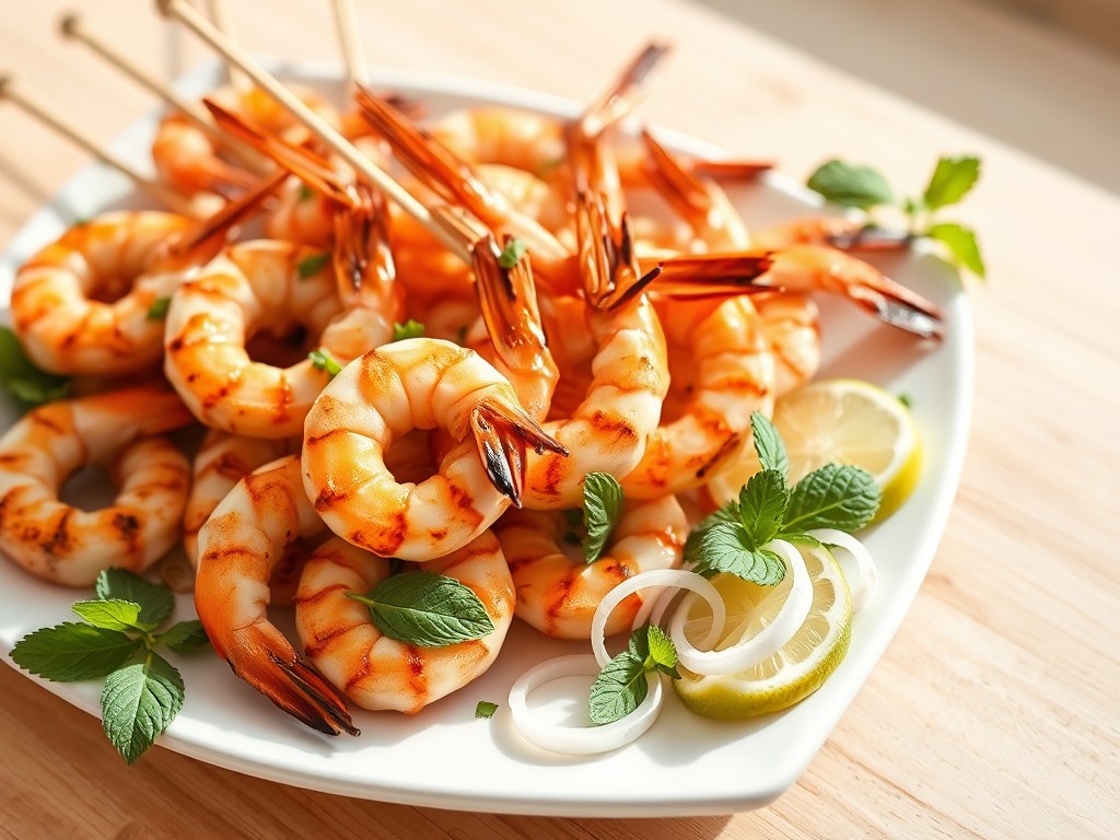 Gegrillde (in Mojito Gemarineerde) Garnalen, AI-gegenereerde illustratie