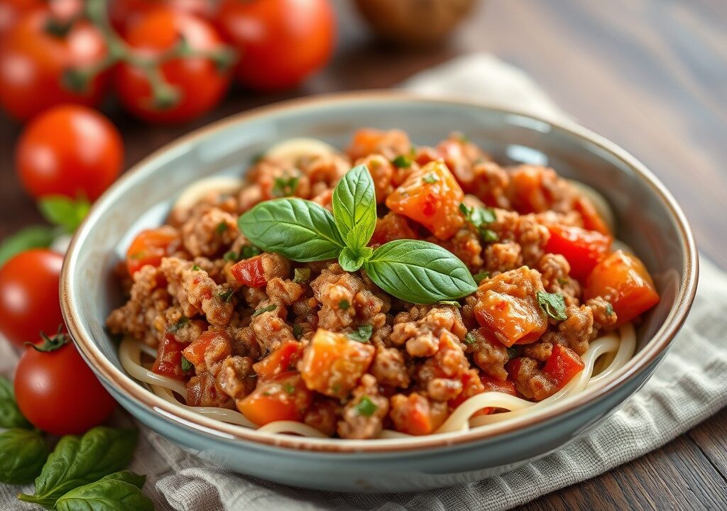 Gehakt in tomaat-basilicumsalsa, AI-gegenereerde illustratie