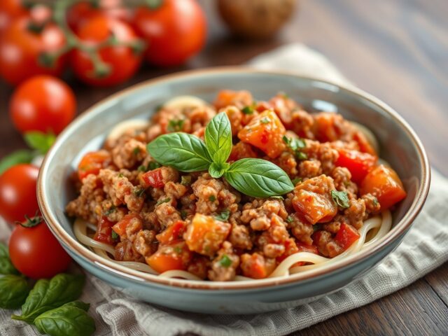 Gehakt in tomaat-basilicumsalsa — AI-gegenereerde illustratie