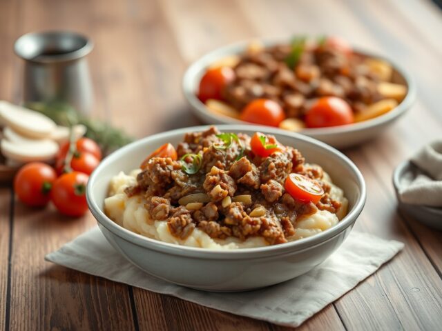 Gehakt-uientaart met aardappelpuree (oven) — AI-gegenereerde illustratie