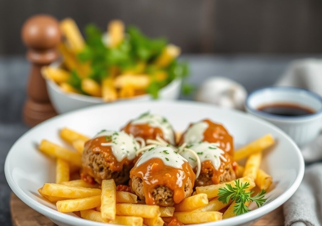 Gehaktballen met bolognese chips — AI-gegenereerde illustratie
